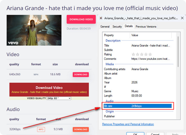 KeepVid 320 kbps MP3 selection compared with downloaded audio showing 249 kbps and partial ID3 metadata
