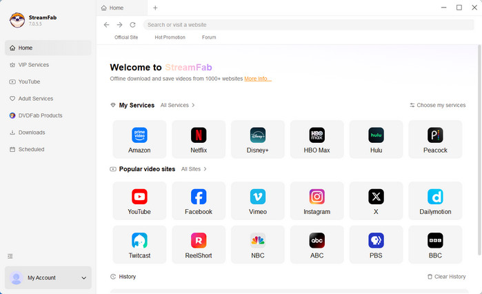 StreamFab 7 interface showing categorized streaming services and download options