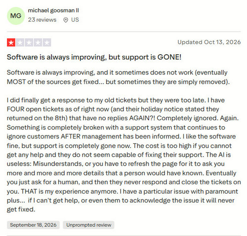 User feedback describing difficulties resolving a StreamFab technical support issue