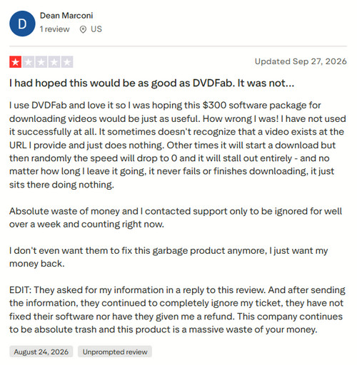 StreamFab refund policy or customer feedback concerning a refund request