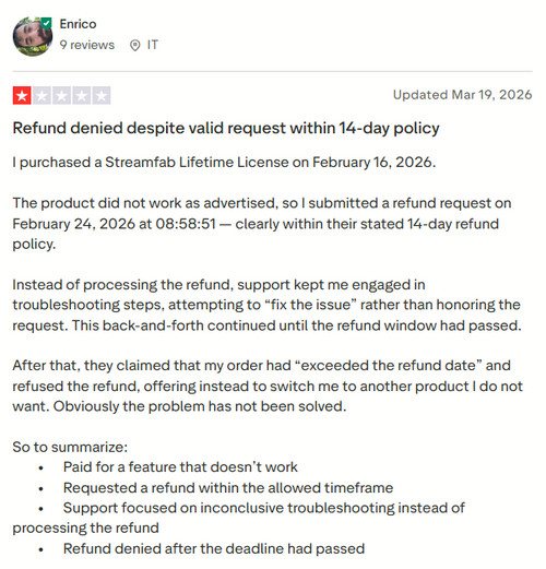 StreamFab refund policy or customer feedback concerning a refund request