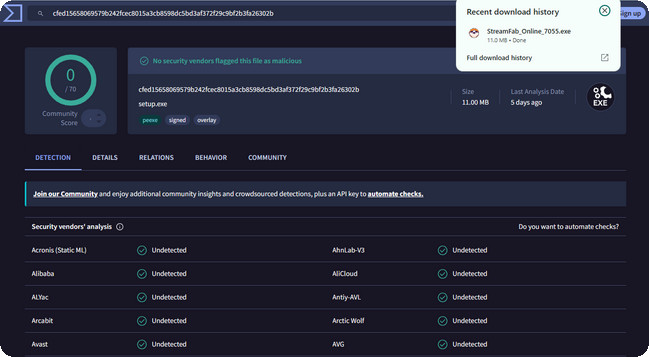 VirusTotal scan results showing no security threats detected in the official StreamFab 7 installer