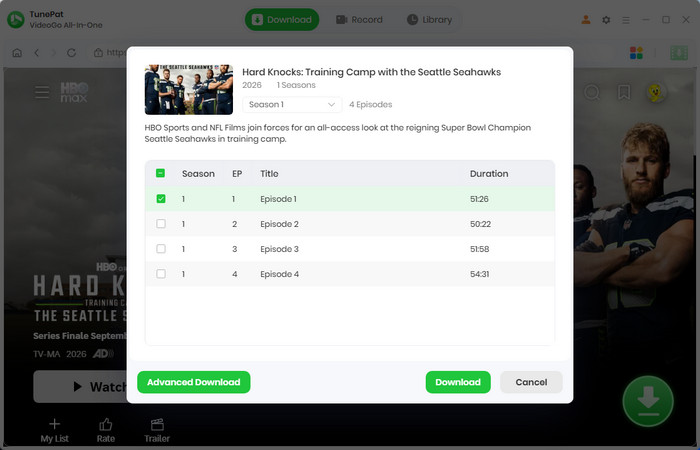 Selecting seasons and episodes in TunePat VideoGo All-In-One