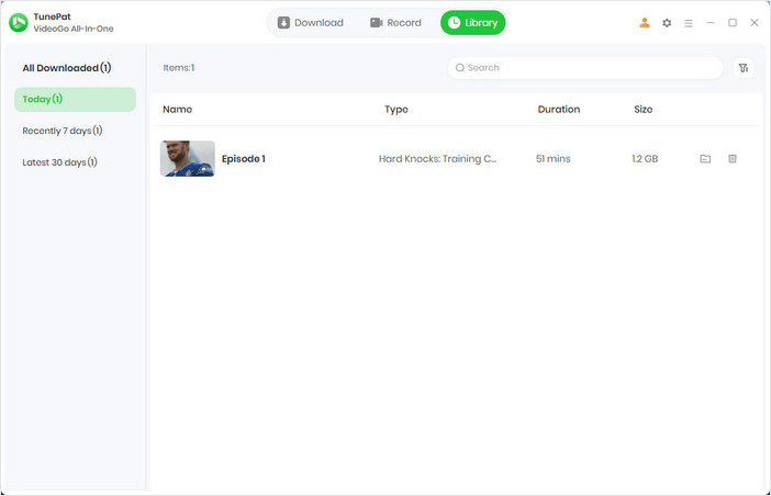 Downloaded video history in TunePat VideoGo All-In-One