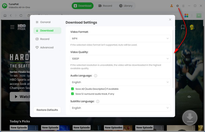 TunePat VideoGo All-In-One download settings