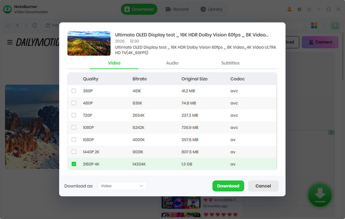 select Dailymotion video quality and download options